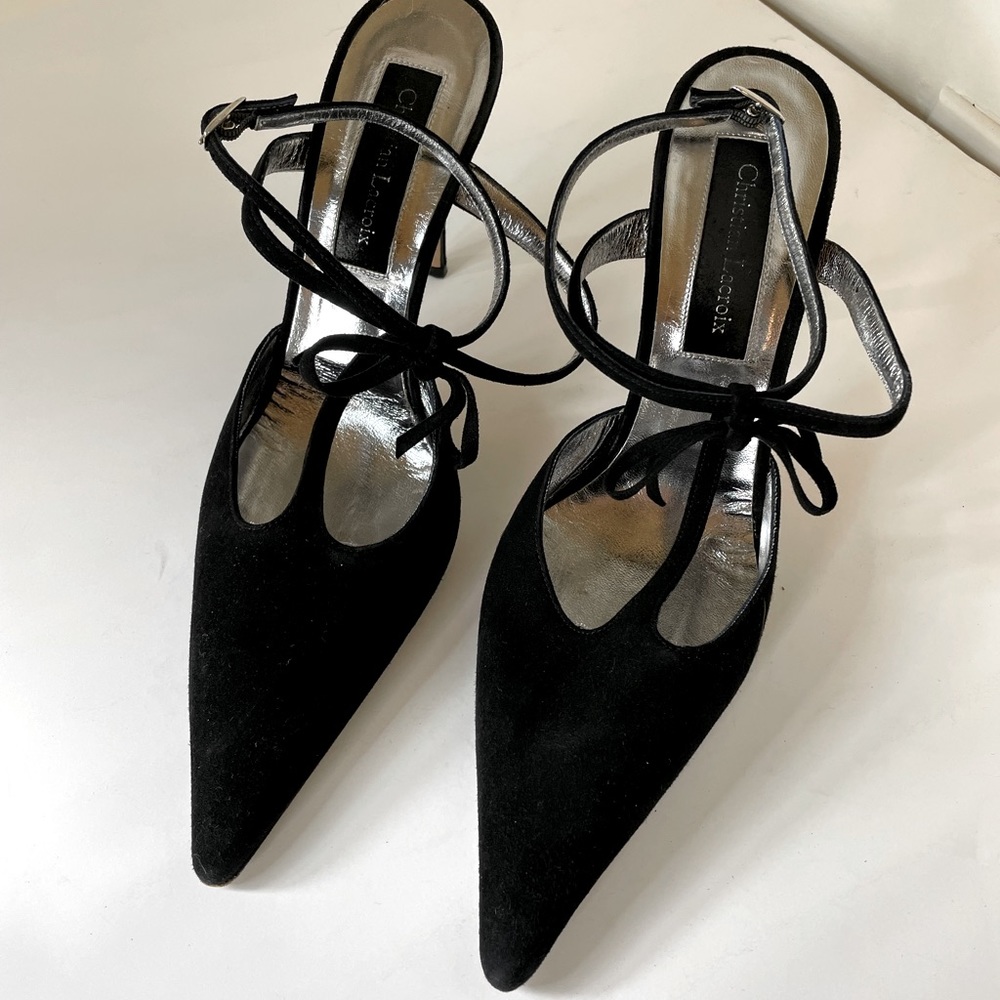 Christian Lacroix black suede strapping heels